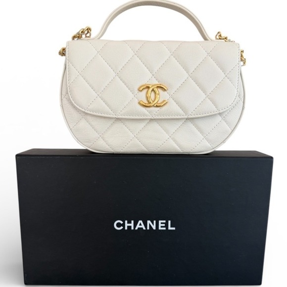 Chanel Mini Top Handle Flap Crossbody Bag White Quilted Lambskin Gold HW - Picture 14 of 15